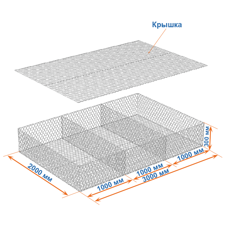Габион матрац ГСИ-М 3х2х0,3 оцинкованный, Ø проволоки 3,0 мм, размер ячейки 8х10 см фото
