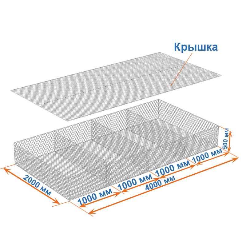 Габион матрац  ГСИ-М 4х2х0,5 оцинкованный, Ø проволоки 3,0 мм, размер ячейки 8х10 см фото