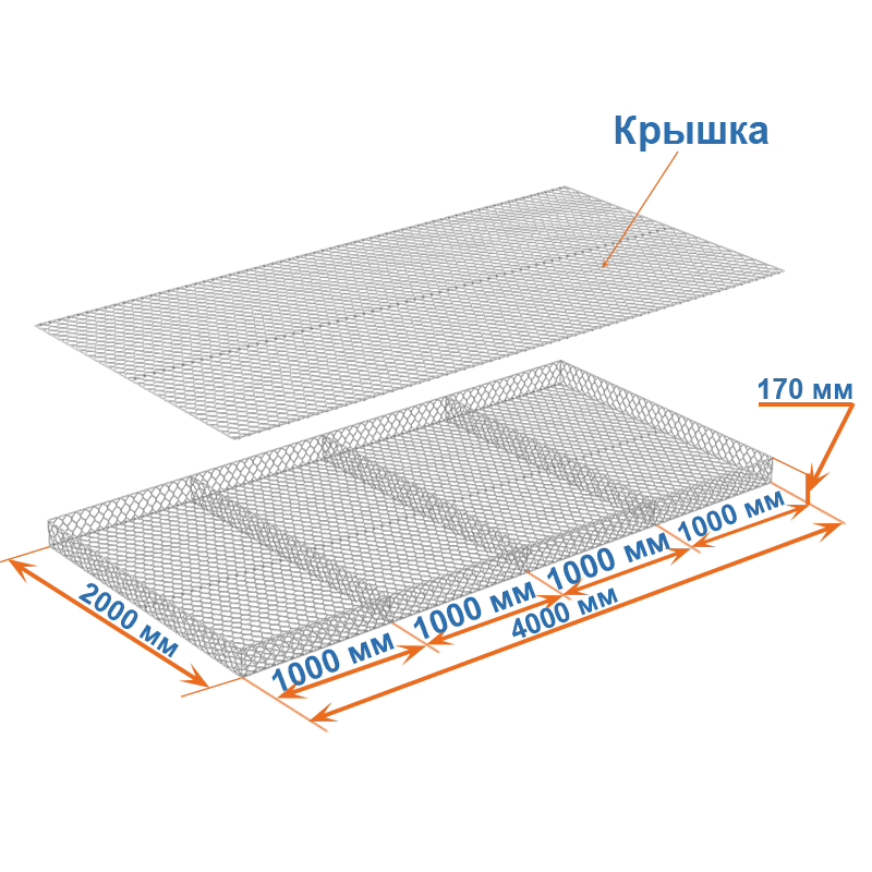 Габион матрац ГСИ-М 4х2х0,17 оцинкованный, Ø проволоки 3,0 мм, размер ячейки 8х10 см фото